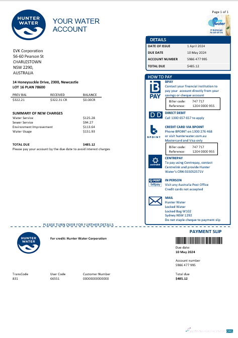 Download Australia Hunter Water business utility bill template in Word and PDF format Photoshop template
